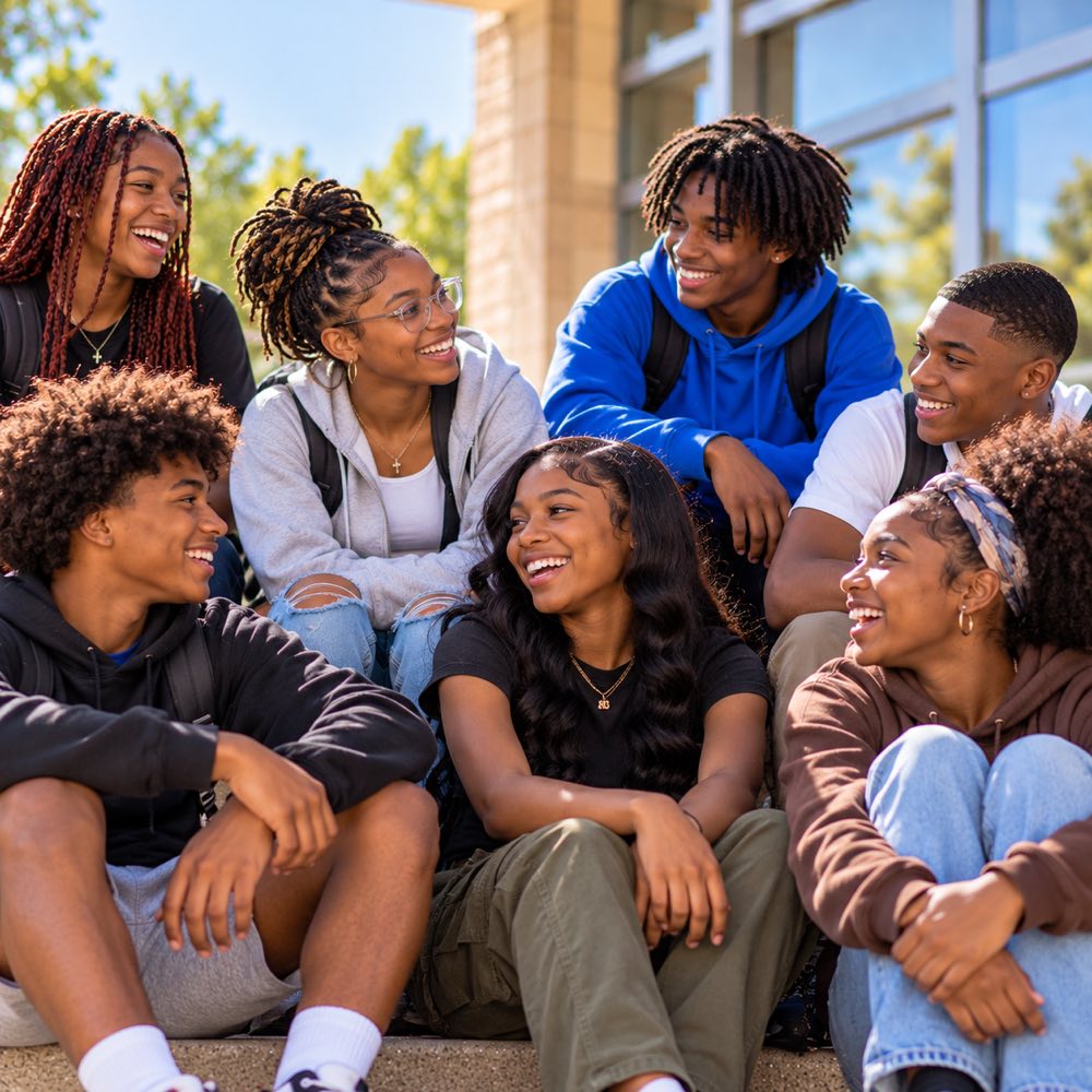 A group of students sitting together outside, laughing